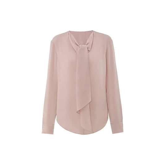 Scarf-Neck Peachskin Shirt - Pink Grey