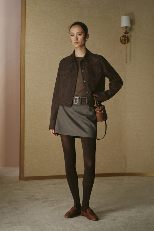 Faux Suede Cropped Jacket - Deep Coffee