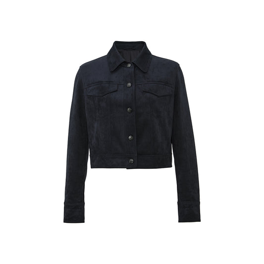 Faux Suede Cropped Jacket in Ink Blue, product view