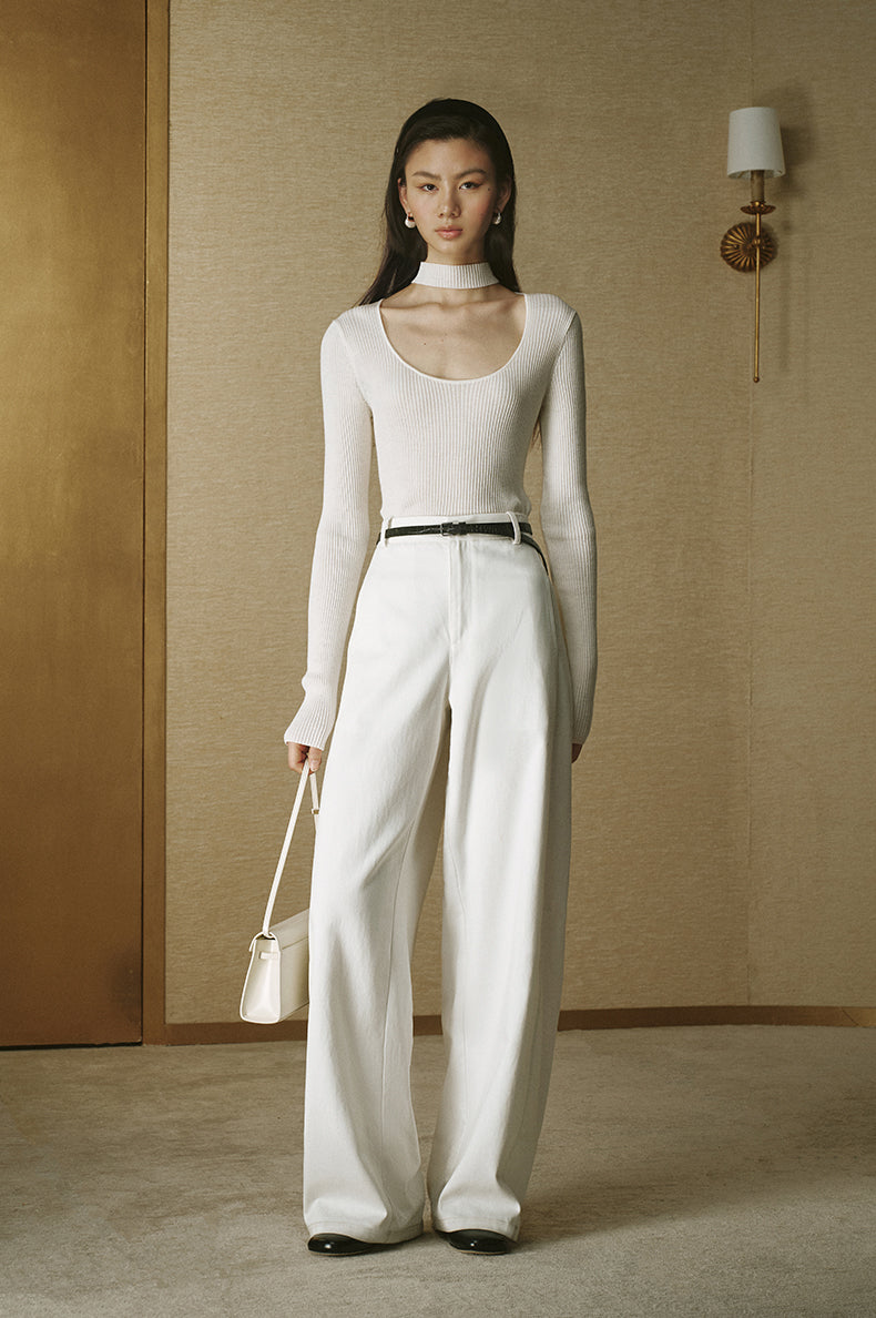 Denim-Look Curved Trousers Ivory White