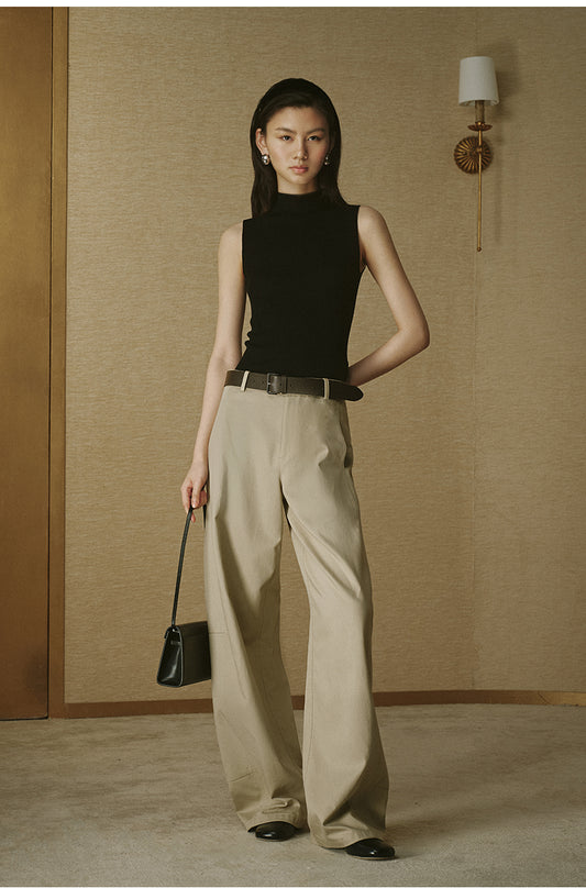 Denim-Look Curved Trousers Almond Khaki