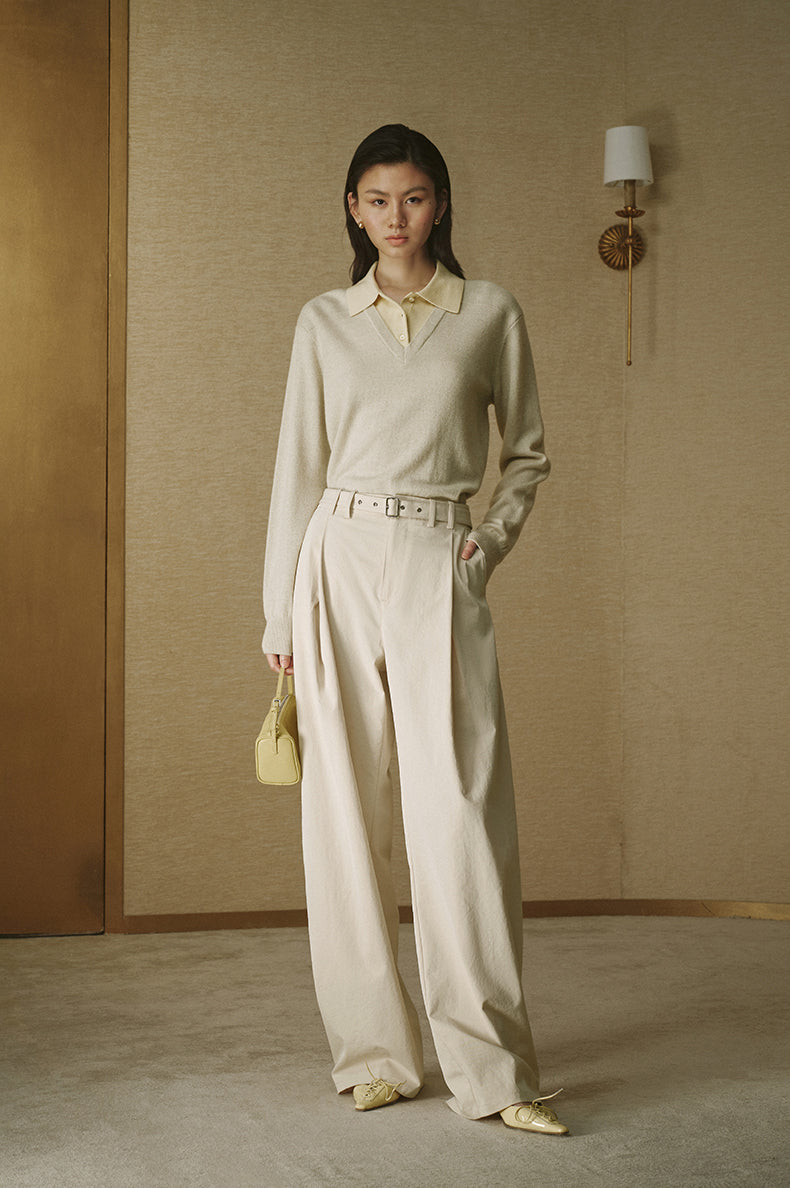 Pleated Cotton Wide Trousers Rice Khaki