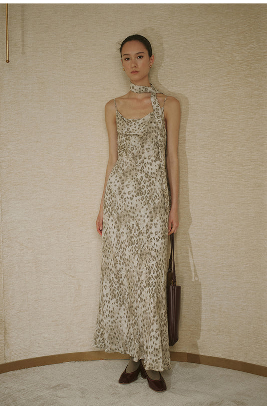 Printed Halter Slip Dress Beige Coffee Leopard