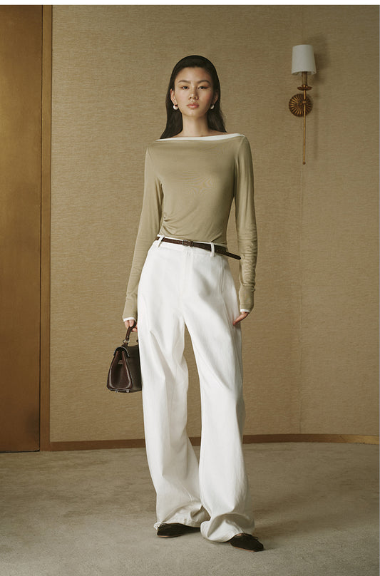 Contrast Boatneck Long Sleeve Grey Bean Green