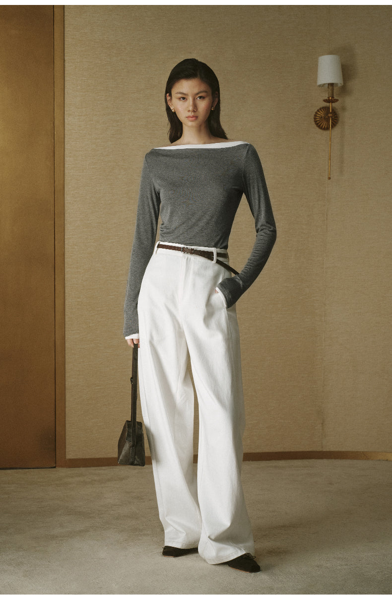 Contrast Boatneck Long Sleeve Mixed Grey