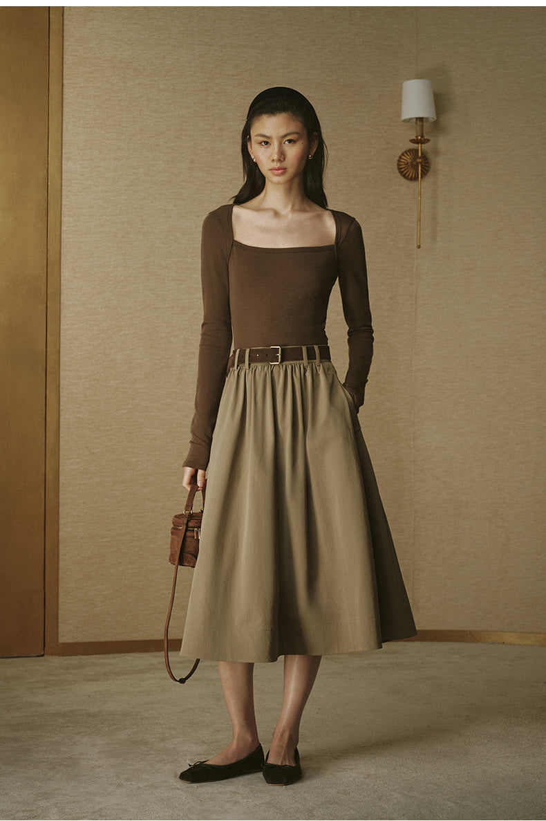 Sculpted Collar Wool Long-Sleeve Tee - Chestnut Brown