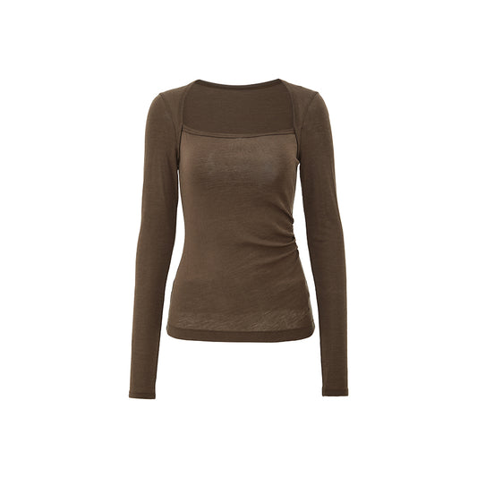 Sculpted Collar Wool Long-Sleeve Tee in Chestnut Brown, product view