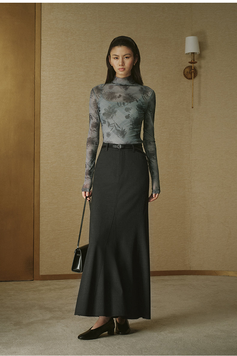 Printed Mesh Mockneck Top - Mist Grey Check
