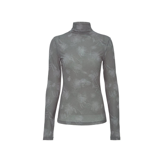 Printed Mesh Mockneck Top - Mist Grey Check