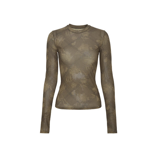 Printed Mesh Crewneck Top - Deep Coffee Check