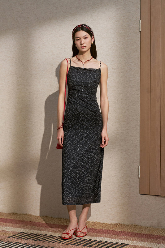 Beaded Chiffon Slip Dress in Black Floral