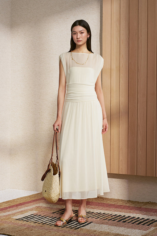 Ruched Waist Chiffon Dress in Light Apricot