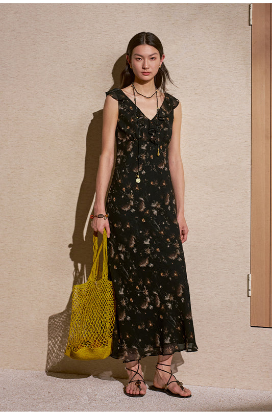 Ruffled Floral Midi Dress in Black Floral