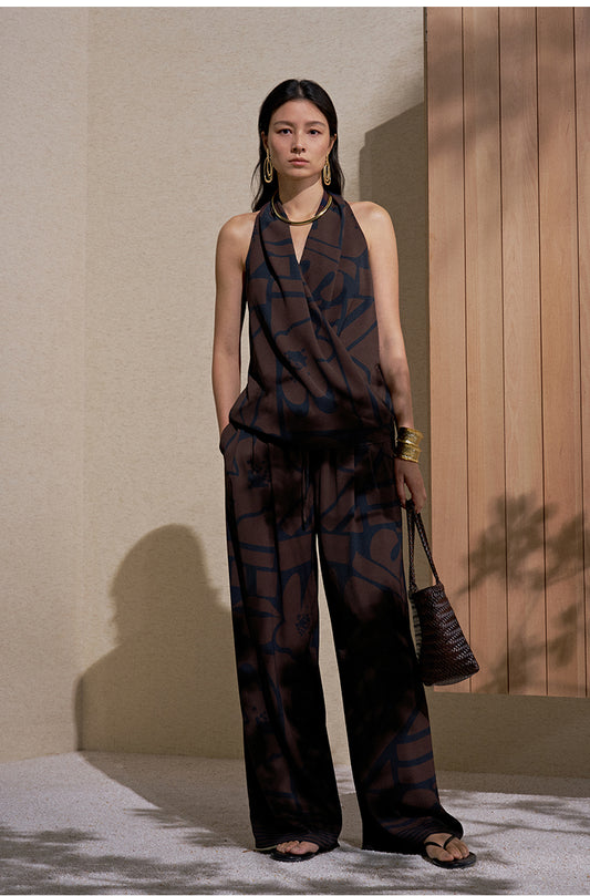 Geometric Wide-Leg Trousers in Navy Geometric Print