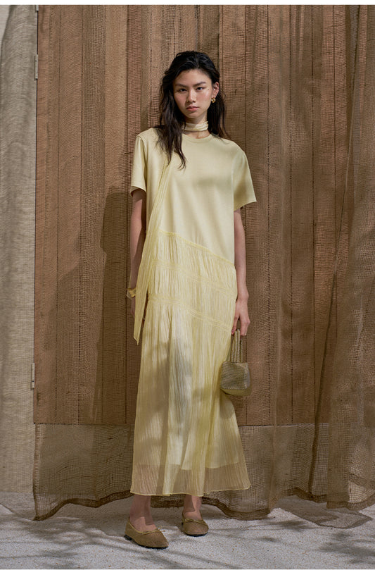 Tie-Neck Short Sleeve Dress in Mist Yellow
