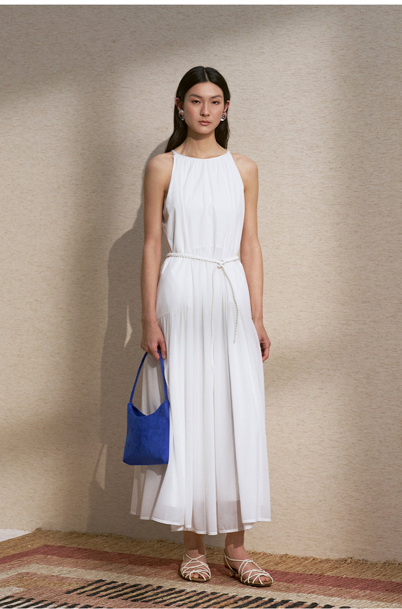 Belted Spliced Swing Dress in Ivory White