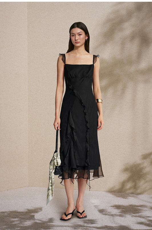 Chiffon Slip Midi Dress in Ink Black