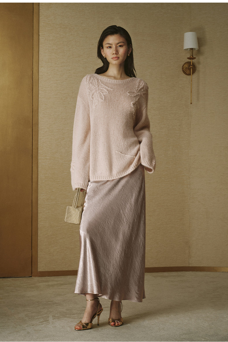 Alpaca-Blend Floral Knit Sweater - Light Apricot Pink - view 1