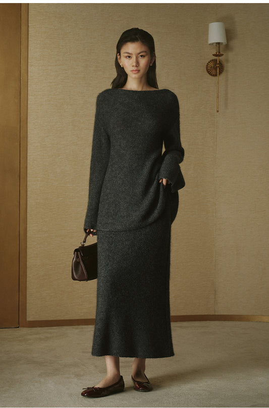 Alpaca Wool Column Maxi Skirt - Deep Smoky Grey - view 2