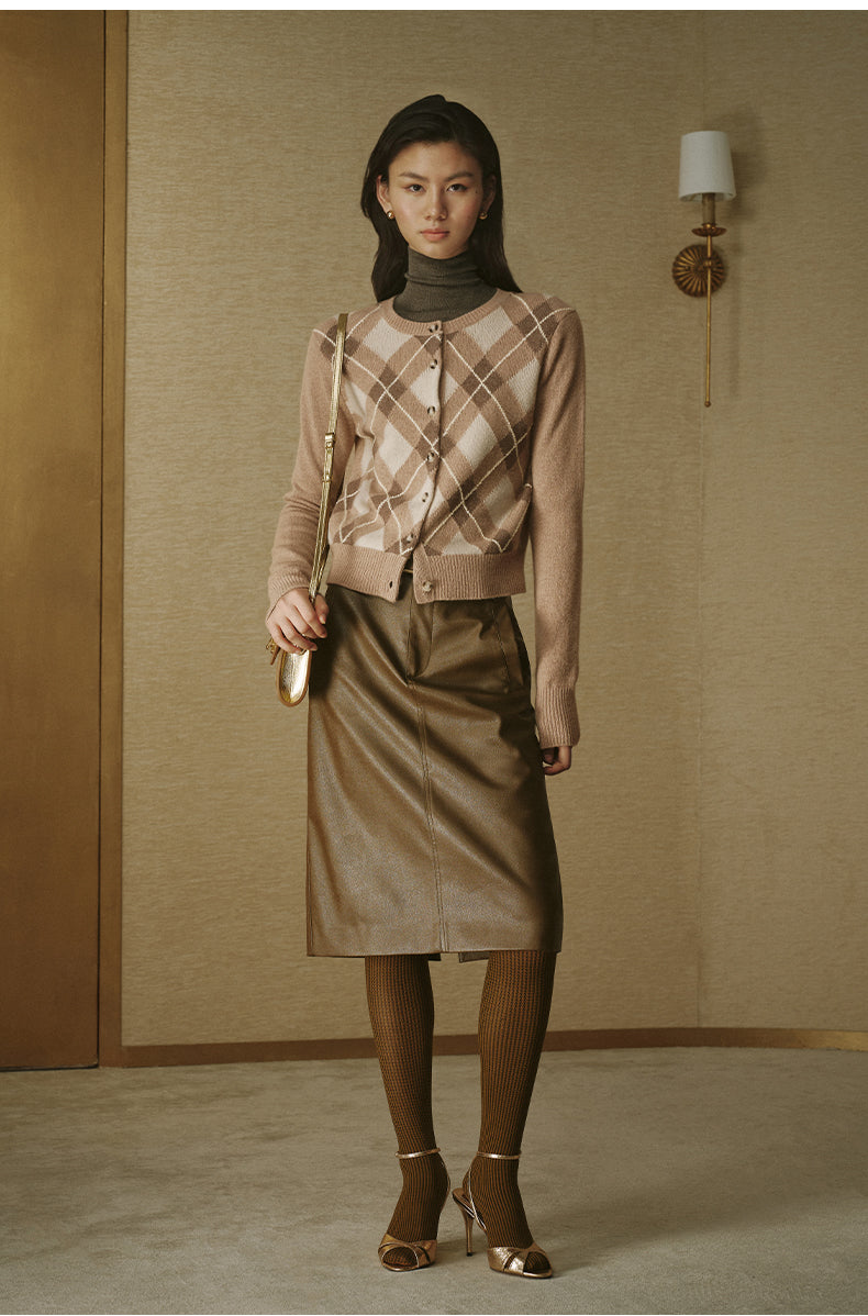 Argyle Cashmere Wool Cardigan - Beige Coffee Check - view 1