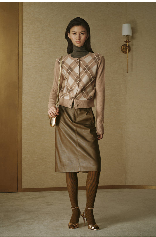 Argyle Cashmere Wool Cardigan - Beige Coffee Check - view 1