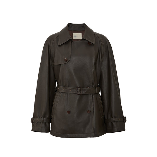 Cropped Faux-Leather Trench Jacket white background hover image