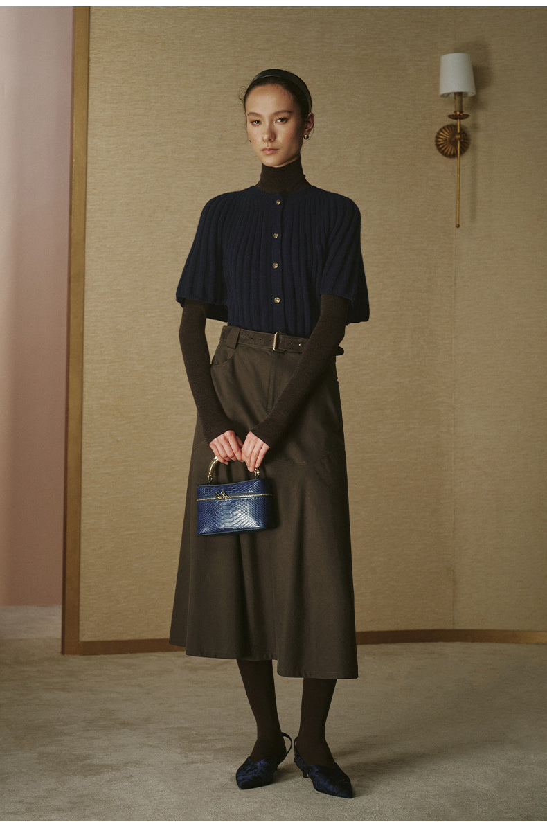 Cotton A-Line Midi Skirt - Deep Grey Brown - view 1