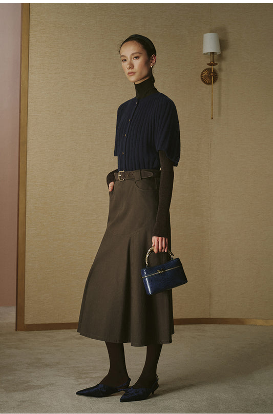 Cotton A-Line Midi Skirt - Deep Grey Brown - view 2