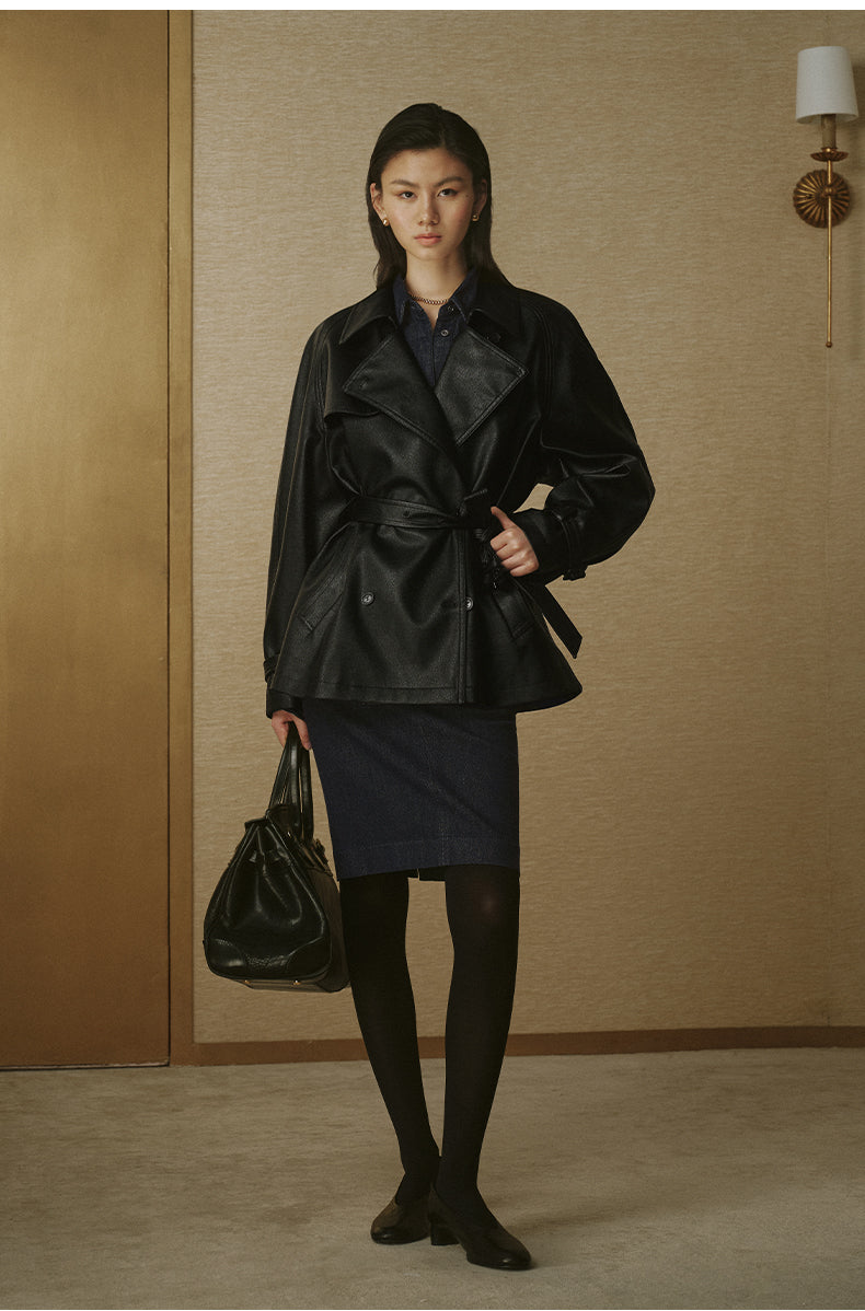 Cropped Faux-Leather Trench Jacket - Ink Black - view 1