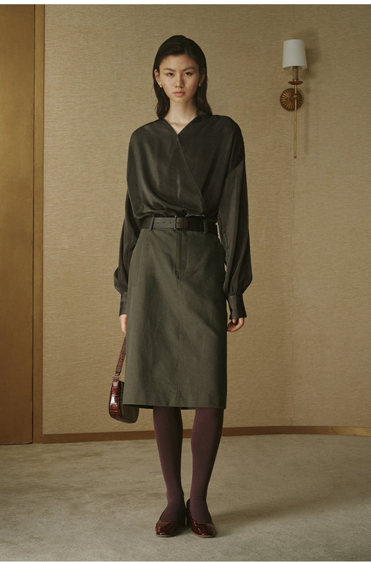 Cross-Front Cinched Shirt - Dark Rock Grey - view 1