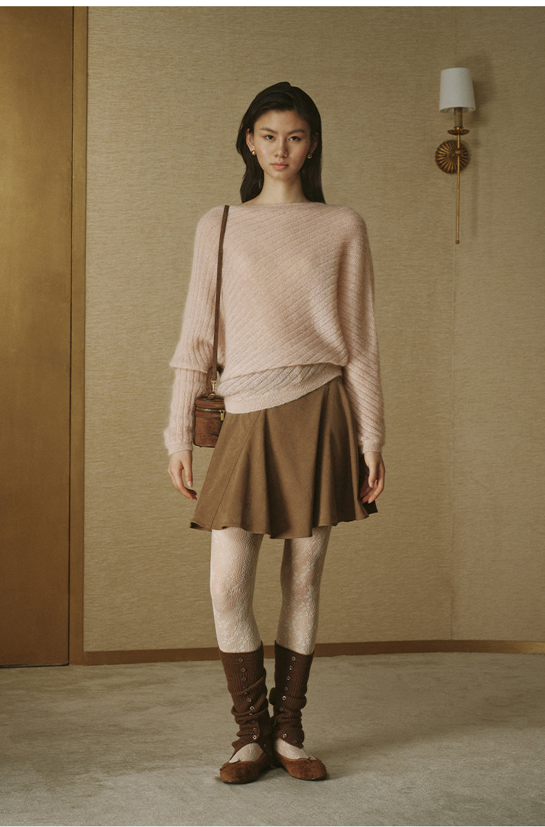 Diagonal-Knit Mohair Bateau Sweater - Smoky Pink - view 1