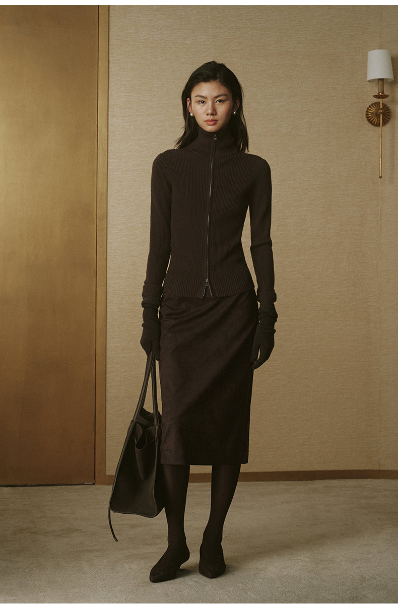 Faux-Suede Straight Midi Skirt - Deep Coffee - view 1