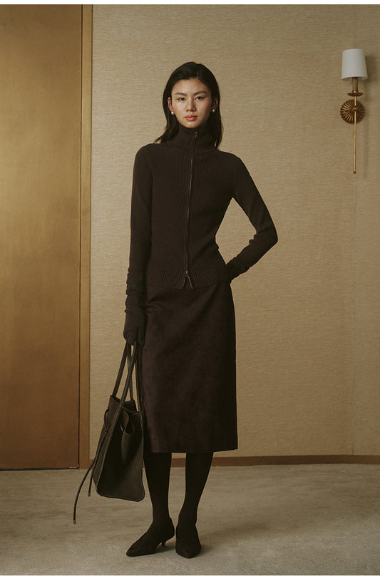 Faux-Suede Straight Midi Skirt - Deep Coffee - view 2