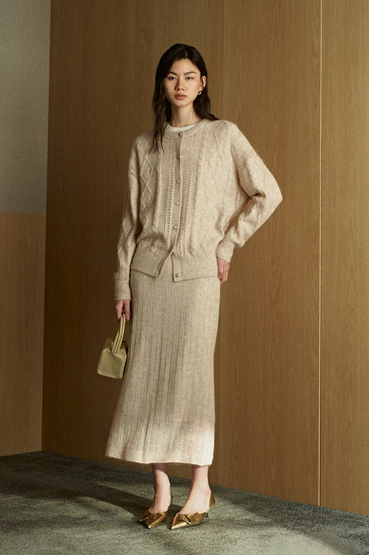Sequined Mohair Knit Cardigan - Light Almond model