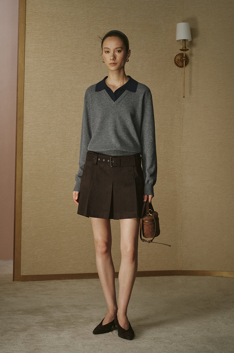 Layered-Collar Wool Sweater - Stone Grey - view 1