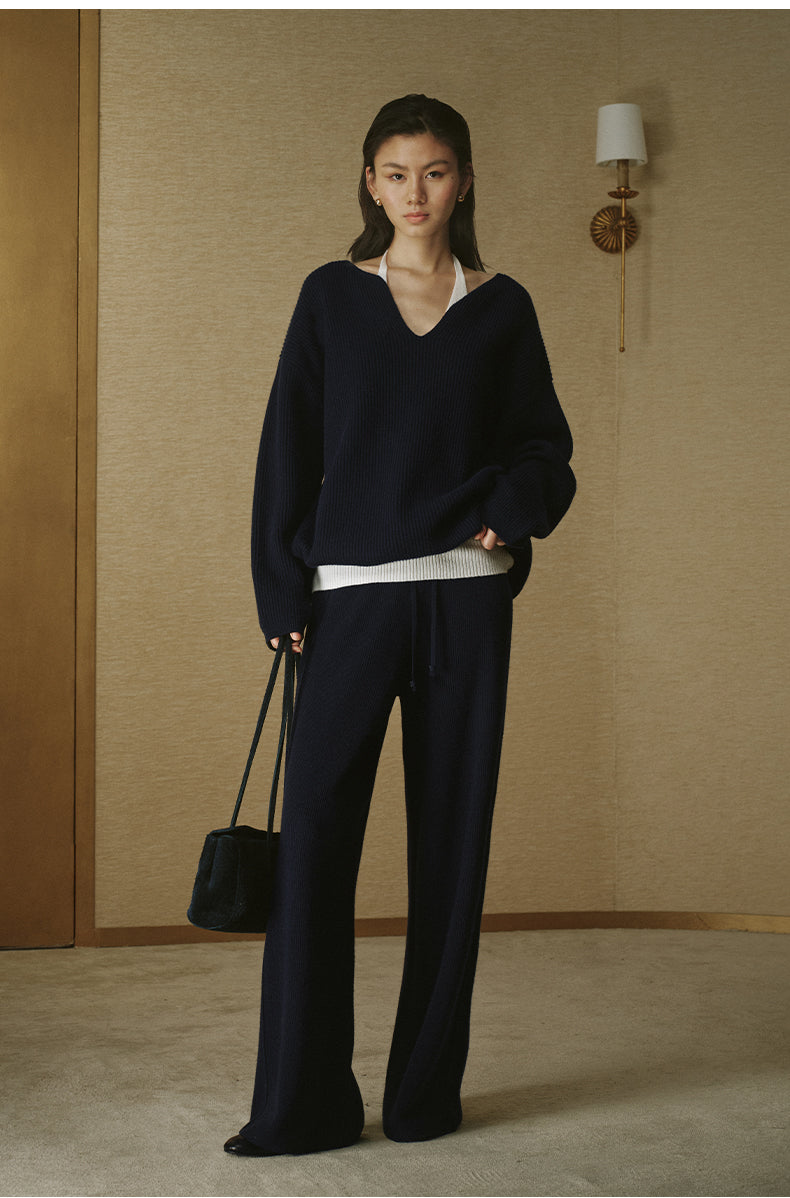 Petal-Collar Pure Wool Sweater - Deep Navy - view 1