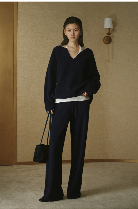 Petal-Collar Pure Wool Sweater - Deep Navy - view 1