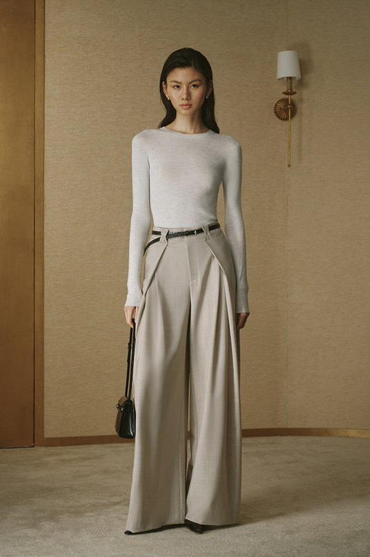 Pleated Wool-Blend Wide-Leg Trousers - Oat Beige - view 1