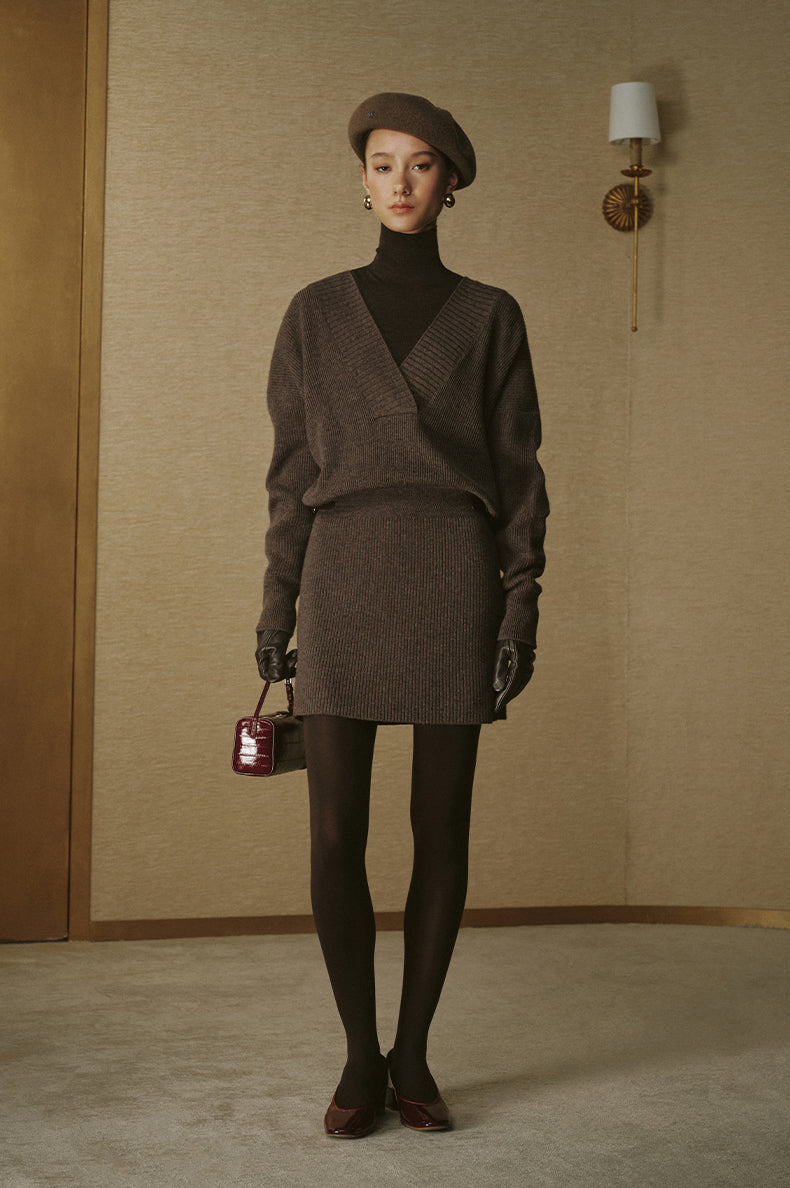 Pure Wool Mock-Neck Knit Mini Dress - Ripe Tea Brown - view 1