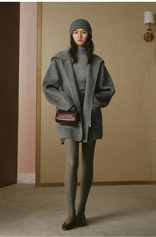 Ribbed-Collar Zip Wool Coat - Smoke Grey - view 2