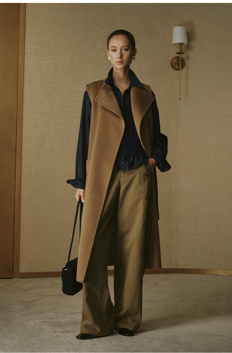 Single-Button Double-Face Wool Long Vest - Classic Camel - view 1
