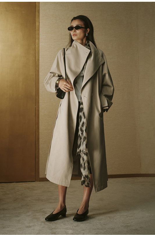 Single-Button Long Cotton Trench - Rice Grey - view 1