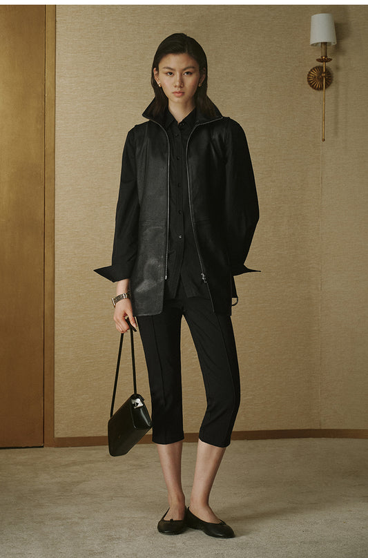 Textured Faux-Leather Long Vest - Ink Black - view 2