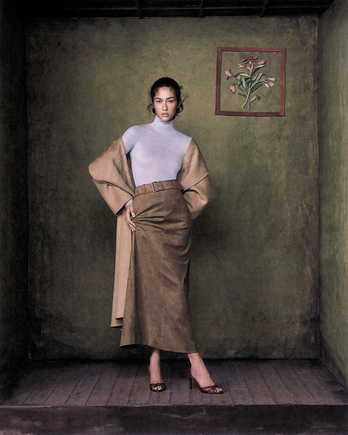 ZHIZHI campaign: lavender knit, brown skirt and camel draped coat.
