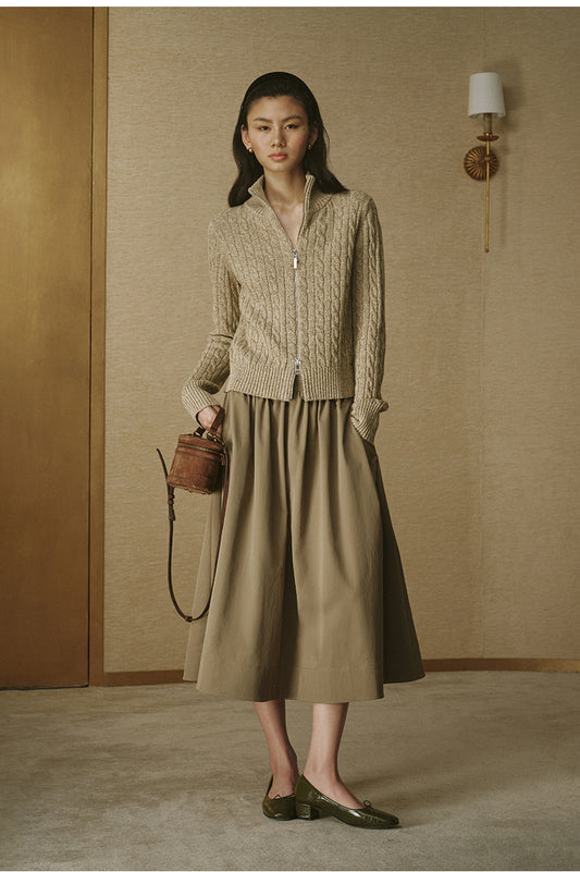 Xing Hui Wool-Silk Zip Cardigan - Amber Coffee