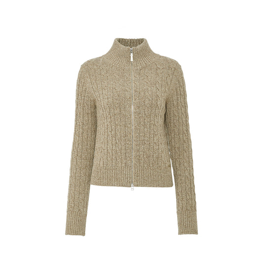 Xing Hui Wool-Silk Zip Cardigan - Amber Coffee flat view