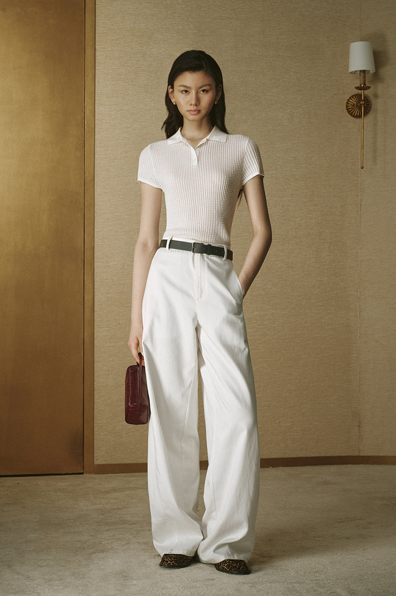 Wool Polo Knit Top Ivory White