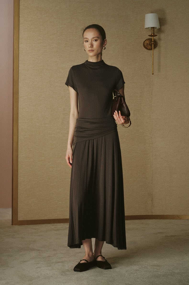 Wool Tencel Flared Skirt Deep Coffee