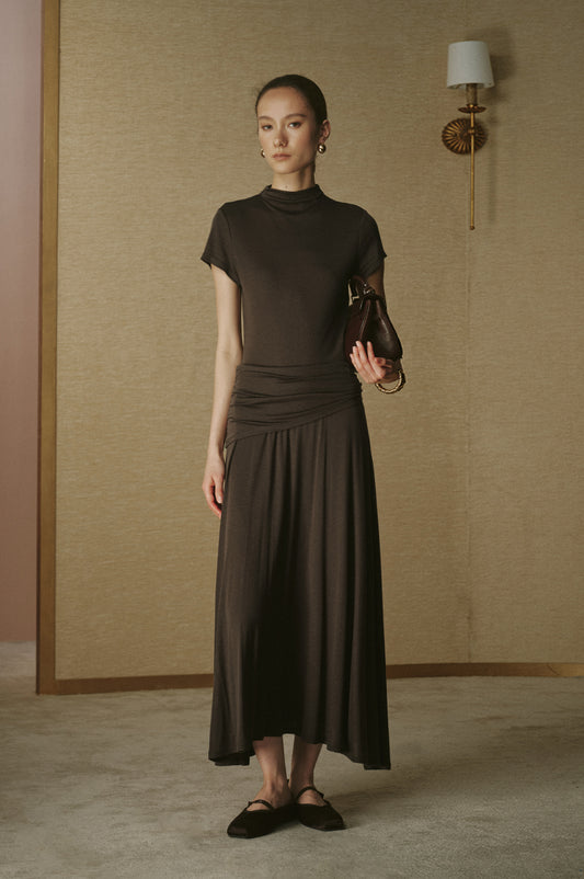 Wool Tencel Flared Skirt Deep Coffee