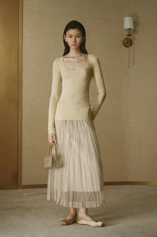 Pleated Mesh Midi Skirt Almond Beige
